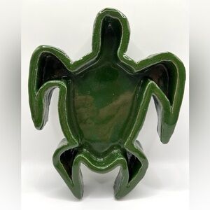 Handmade Ceramic Studio Pottery Green Turtle Brutalist Trinket Dish Ashtray